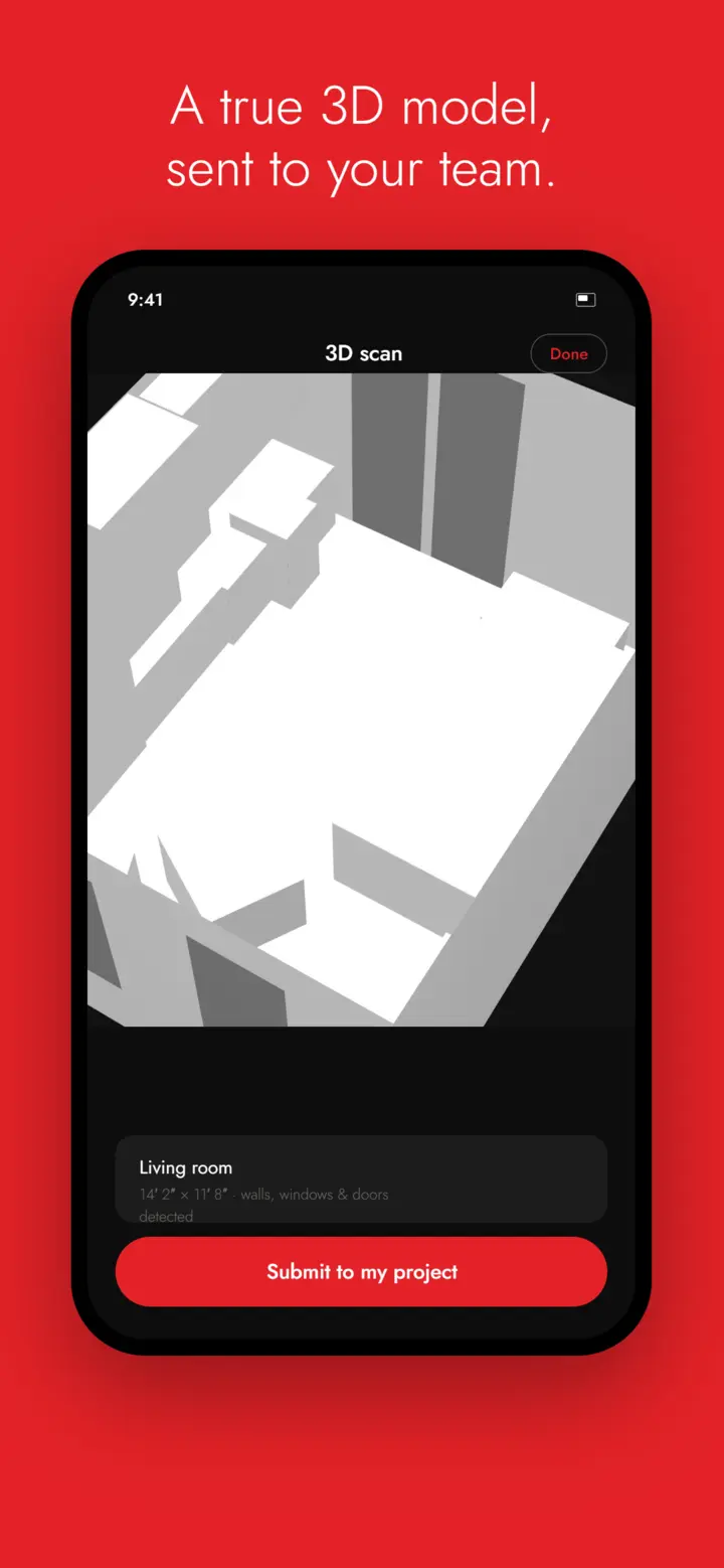 REMODPOD app 3D scan result &mdash; room model with walls, windows, and doors detected