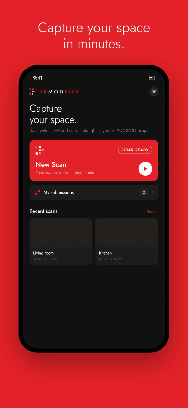 REMODPOD app home screen &mdash; capture your space with a new LiDAR scan